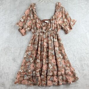 Blu Pepper Mini Dress Large Brown Pink Foral Puff Sleeve Ruffle Hem Boho NEW